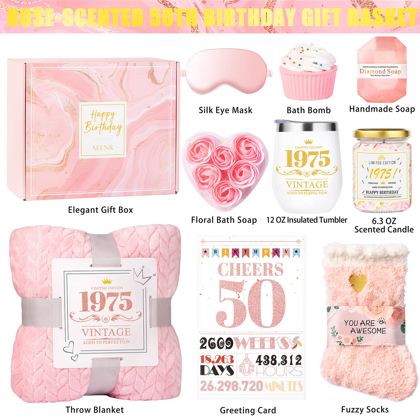 Luxury 50th Birthday Gift Box for Women – 10-Piece Rose Spa Set Christmas Gift and Valentine's Day Gift-Pink