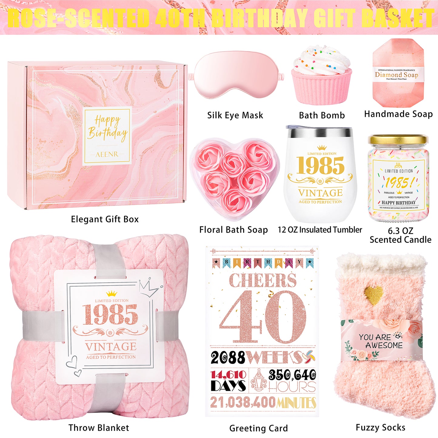 40th Birthday Gift Set for Women – 10-Piece Rose Spa Basket | Elegant Pink Gift for Christmas & Valentine’s Day